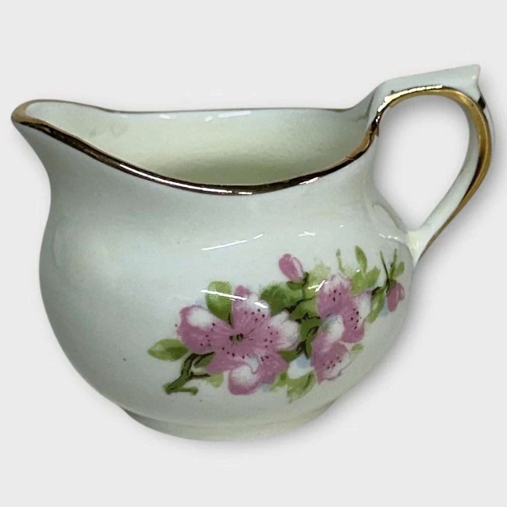 Sutherland English Bone China Creamer Open Sugar Bowl‎ Set PEACH BLOSSOM Vintage